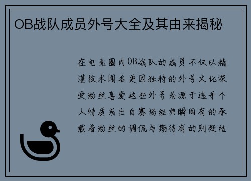 OB战队成员外号大全及其由来揭秘